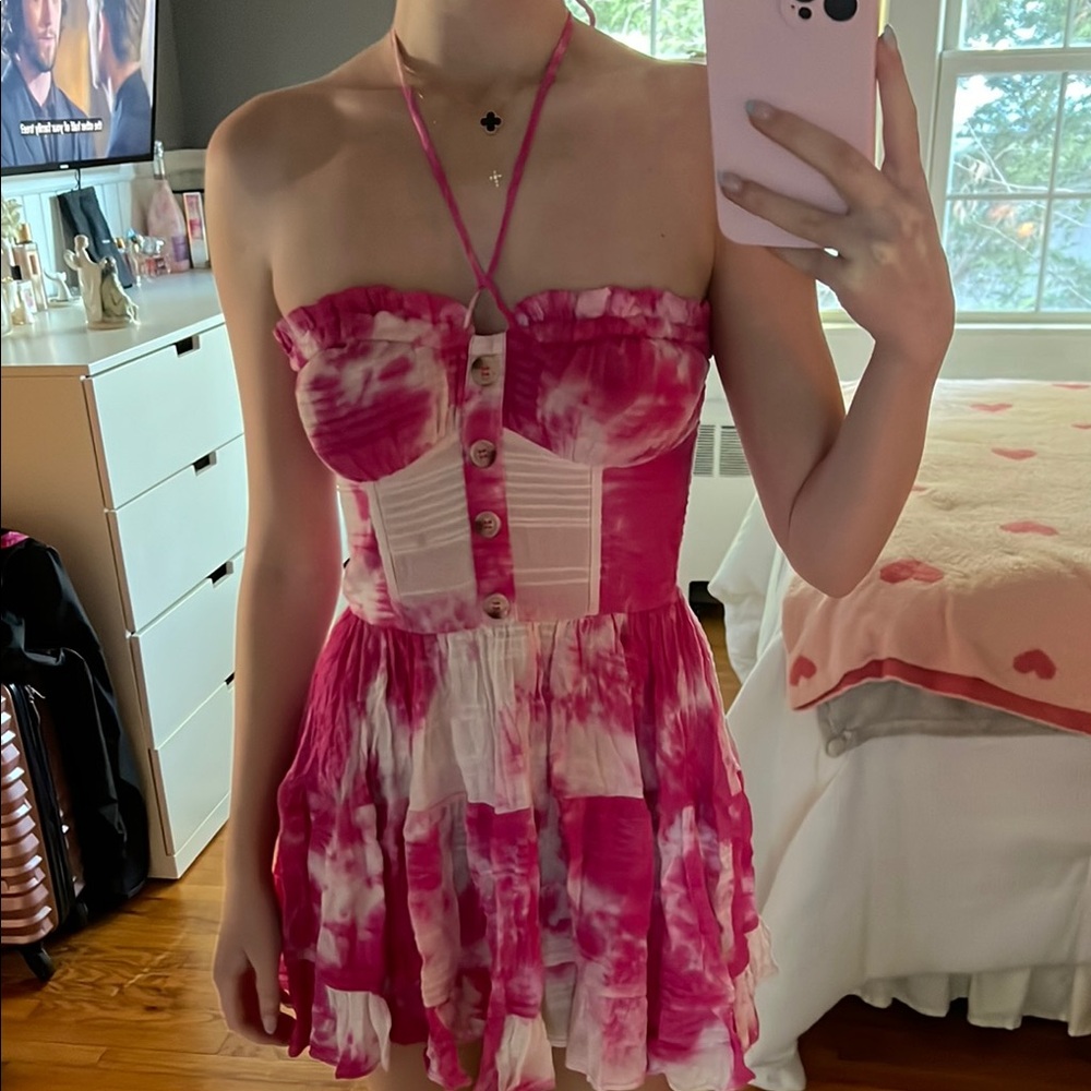 Pink Tie-Dye Halter Dress